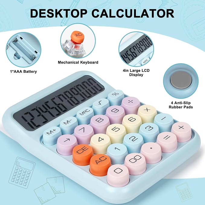 Mechanical Switch Calculator with Big Buttons, Calculators Desktop | 12 Digits, Large LCD Display, Desk Calculator, Cute Blue Calculators for Teachers Students Basic Office (Blue)