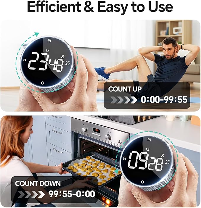 Digital Kitchen Timer with Magnetic, Large LED Display Countdown/Countup Timer, Pomodoro Preset 5/15/25 Mins, Volume & Brightness Adjustable for Cooking Baking Working Studying Silver