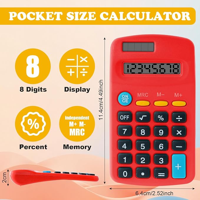 18 Pieces Pocket Calculators, Mini Calculators, Multicolor | 8 Digit Display Basic Calculator, Solar Battery Dual Power Function Calculator, for Students, Kids, Home and Office
