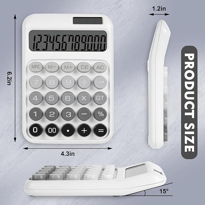 Mechanical Switch Calculator with Big Buttons, Calculators Desktop | 12 Digits, Solar Battery Power, Desk Calculator, Large LCD Display, Cute White Calculators for Teachers Students Basic Office