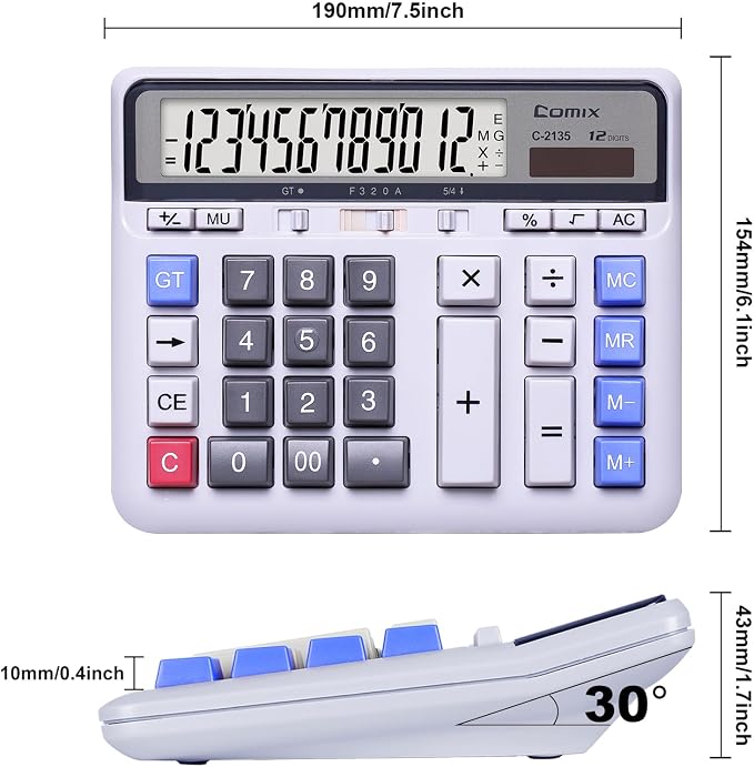 Comix Desktop Calculator, 12 Digits Large Button Desk Calculator, White | Solar Battery Dual Power, Large LCD Display, Computer Keys, 4 Function Basic Calculator for Office Business Home Use