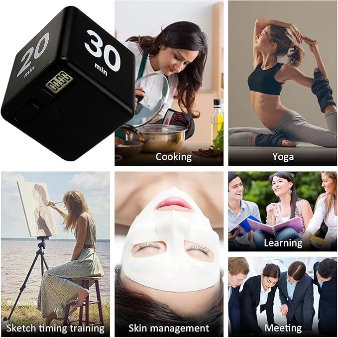 Feilifan Flip Timer, Productivity Cube Timer for Kitchen Studying Workout Classroom Kids ADHD 15-20-30-60 Minute Preset, Black