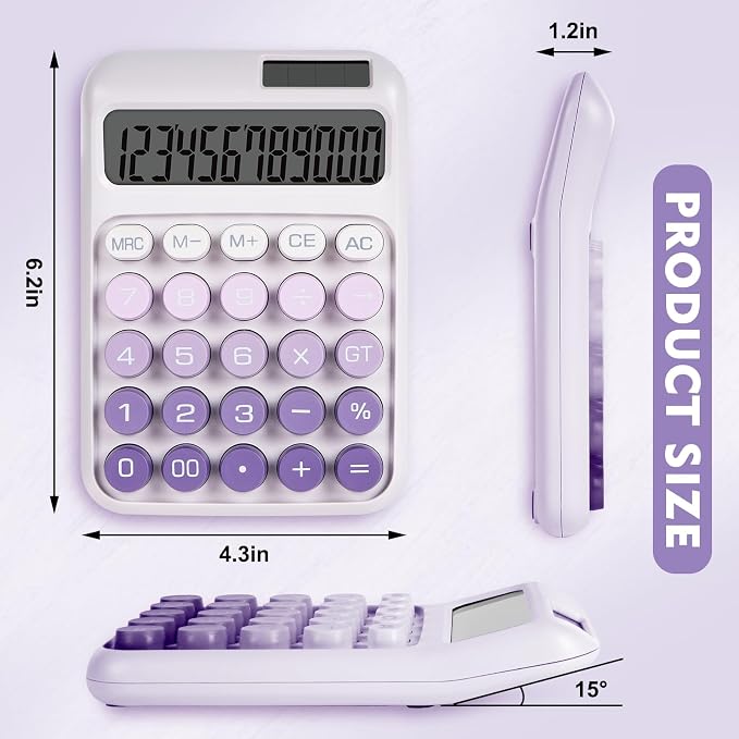 Mechanical Switch Calculator with Big Buttons, Calculators Desktop | 12 Digits, Solar Battery Power, Desk Calculator, Large LCD Display,Cute Purple Calculators for Teachers Students Basic Office