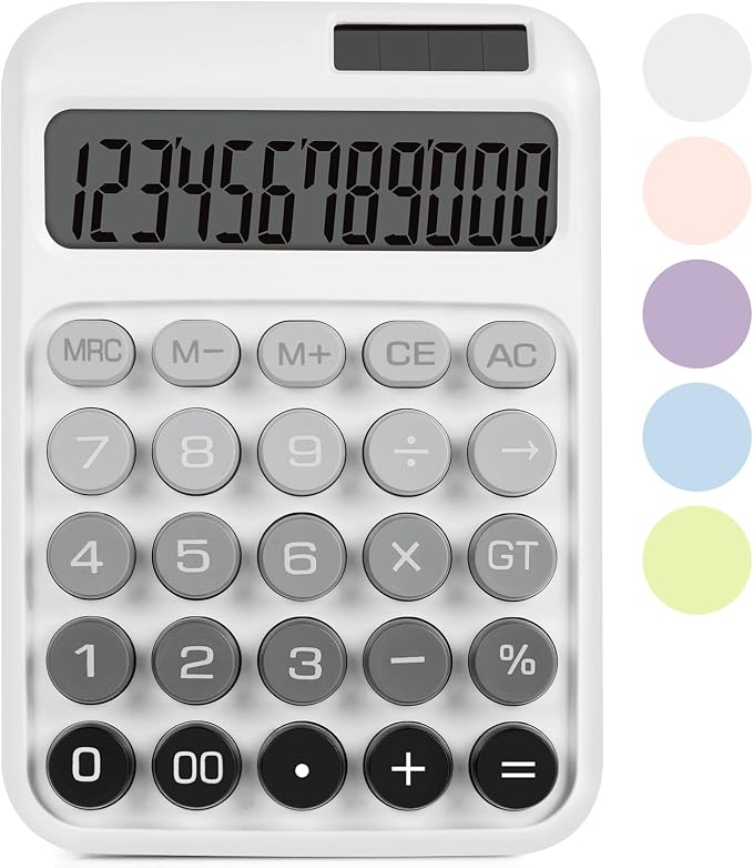 Mechanical Switch Calculator with Big Buttons, Calculators Desktop | 12 Digits, Solar Battery Power, Desk Calculator, Large LCD Display, Cute White Calculators for Teachers Students Basic Office