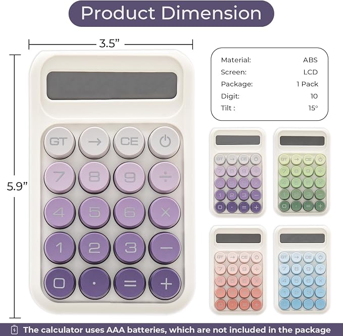 Y YOMA 1 Pack Mechanical Switch Calculator with 10 Digit Large LCD Display Big Button, Mini Cute Desktop Calculator 4 Function Basic Calculators for School Home Office Business, Dusty Violet