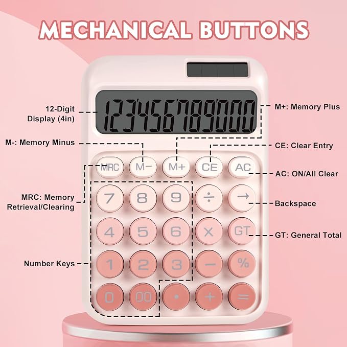 Mechanical Switch Calculator with Big Buttons, Calculators Desktop | 12 Digits, Solar Battery Power, Desk Calculator, Large LCD Display, Cute Pink Calculators for Teachers Students Basic Office