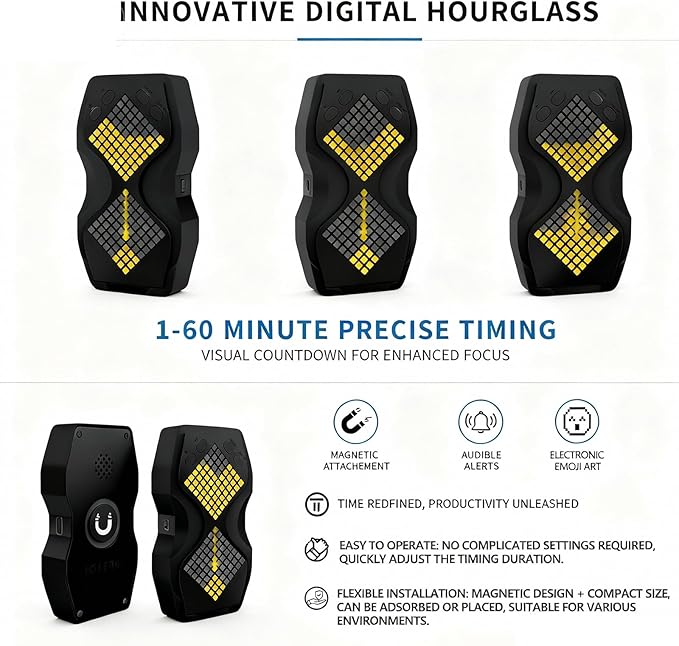 Visual Hourglass Timer, 1-60 Minute Countdown Magnetic Digital Timer, Buzzer Alert & Dimmable Night Light, Sand Timer for Kids Learning, Classroom, Cooking, Fitness,Kitchen(Black)