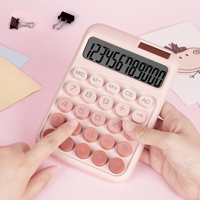Mechanical Switch Calculator with Big Buttons, Calculators Desktop | 12 Digits, Solar Battery Power, Desk Calculator, Large LCD Display, Cute Pink Calculators for Teachers Students Basic Office