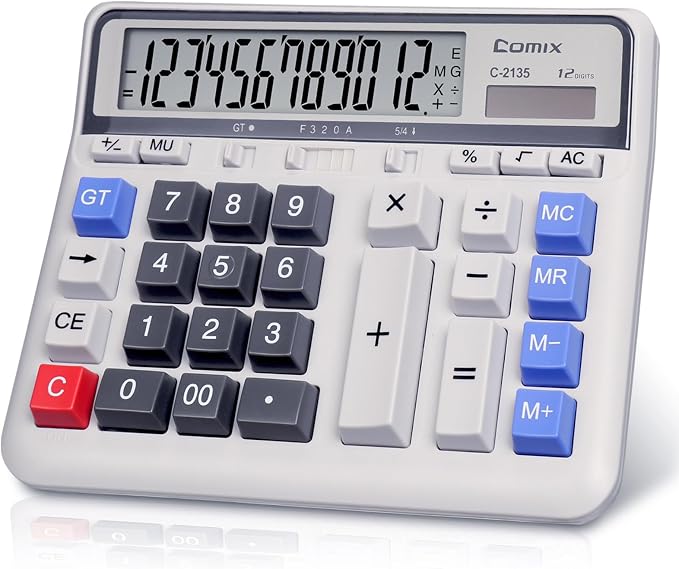 Comix Desktop Calculator, 12 Digits Large Button Desk Calculator, White | Solar Battery Dual Power, Large LCD Display, Computer Keys, 4 Function Basic Calculator for Office Business Home Use