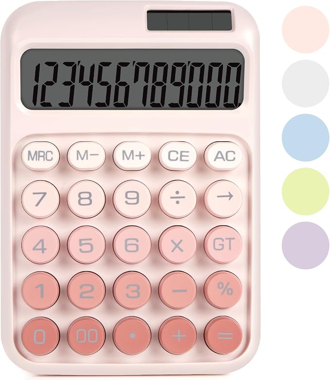 Mechanical Switch Calculator with Big Buttons, Calculators Desktop | 12 Digits, Solar Battery Power, Desk Calculator, Large LCD Display, Cute Pink Calculators for Teachers Students Basic Office