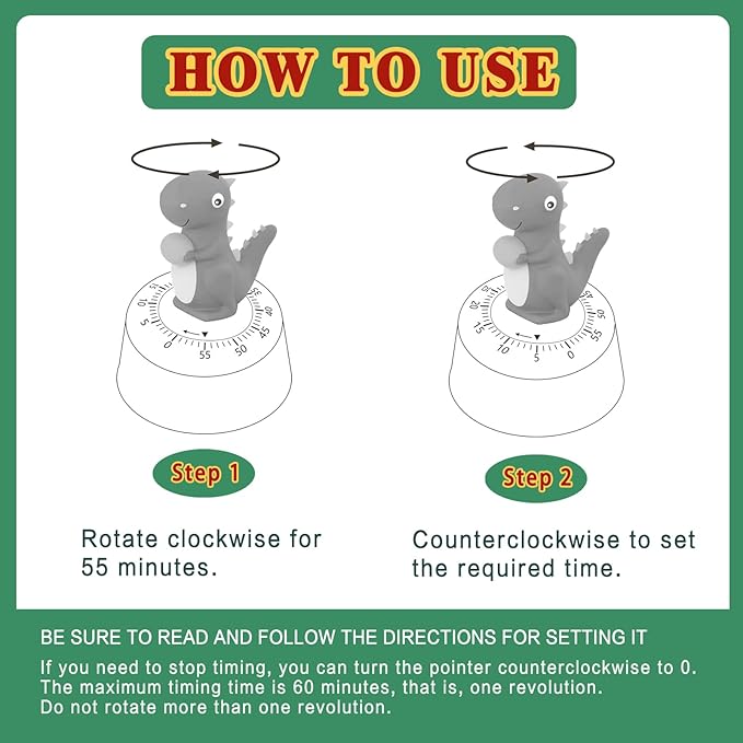 ELE DEPI 60 Minutes Mechanical Kitchen Timer,Cute Dinosaur Timer for Kids,Wind Up Egg Timer for Cooking,Reading,Classroom and Do Sports. (Dark Green)