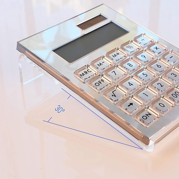 Acrylic Calculator with Stand, Battery and Solar Hybrid Powered Basic Calculator 12-Digit LCD Display,Home Office Desktop Accessories(Silver)