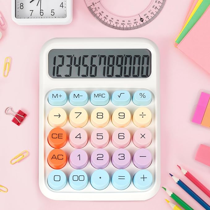 Mechanical Switch Calculator with Big Buttons, Calculators Desktop | 12 Digits, Large LCD Display, Desk Calculator, Cute White Calculators for Teachers Students Basic Office (White)