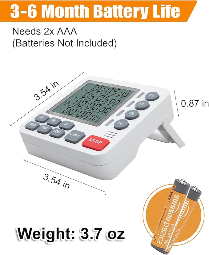 TPNEG Digital Kitchen Timer - 4-Channel Cooking Timer with Alarm, Magnetic Back, Loud & Silent Modes, Count Up/Down, Ideal for ovens, Seniors, Kids and classrooms, Replaceable AAA Battery