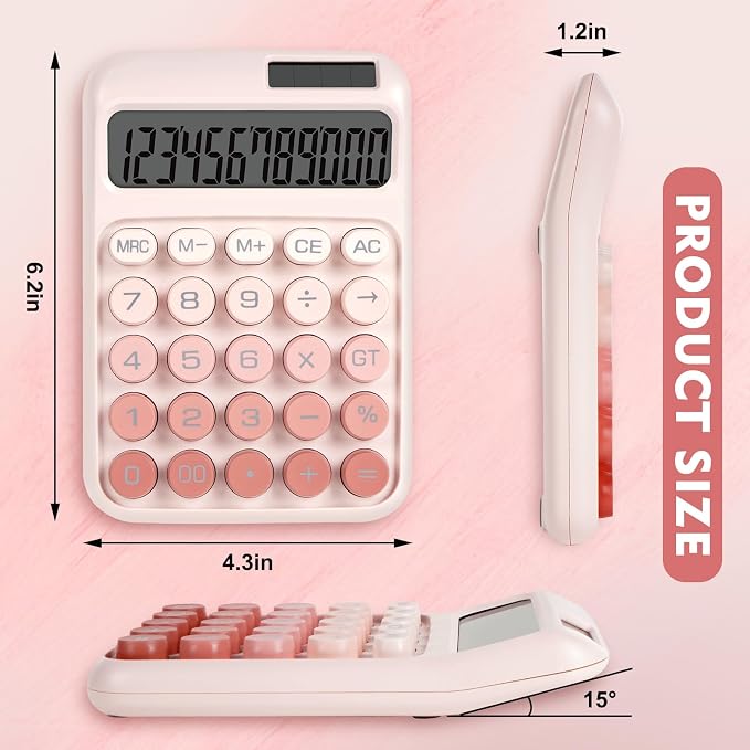 Mechanical Switch Calculator with Big Buttons, Calculators Desktop | 12 Digits, Solar Battery Power, Desk Calculator, Large LCD Display, Cute Pink Calculators for Teachers Students Basic Office