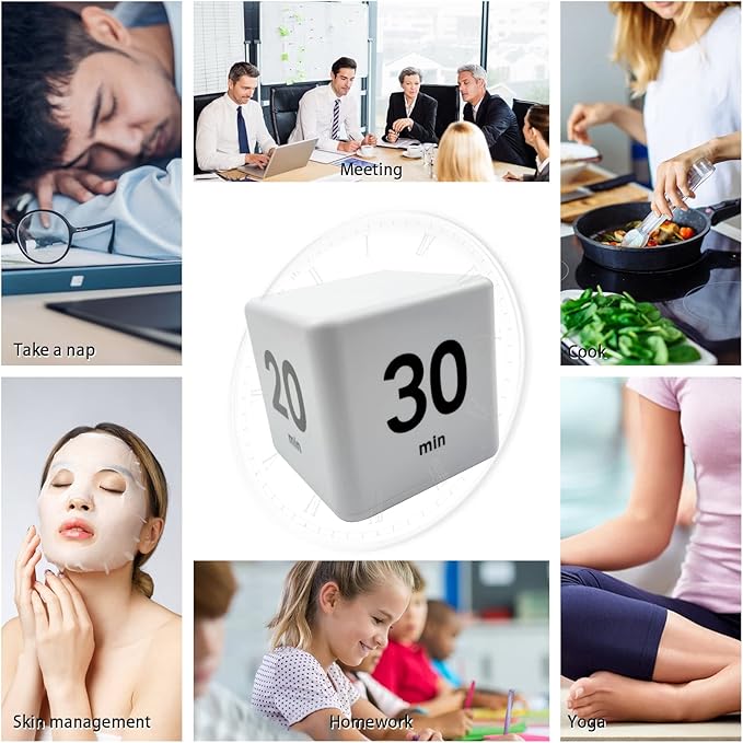 Feilifan Cube Timer, Productivity Cube Flip Timer for Kitchen Studying Workout Classroom Kids ADHD 15-20-30-60 Minute Preset, White