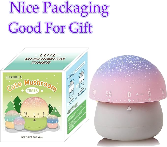 Mechanical Kitchen Timer, Cute Mushroom Timer for Kids, Wind Up 60 Minute Manual Countdown Timer for Classroom, Home, Study and Cooking (Grey Base)