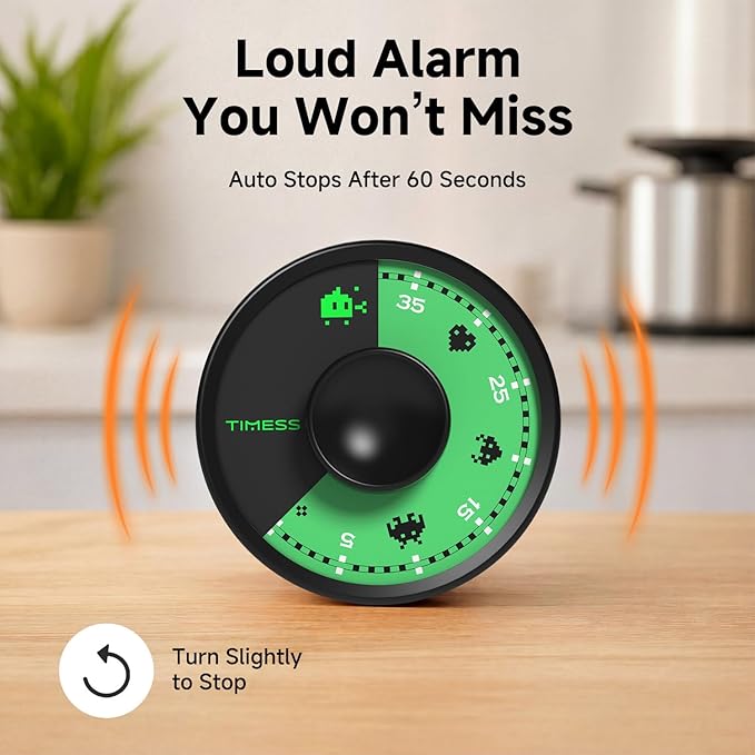 60-Minute Visual Timer, Twist to Set, Loud Battery-Powered Alarm, Minimalist Rotary Countdown Dial for Office, Study, Work & Home Time Management (Black)