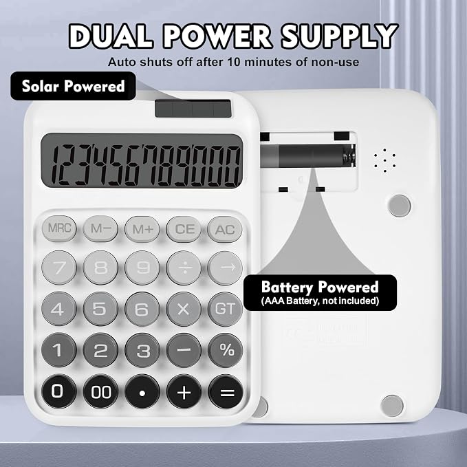 Mechanical Switch Calculator with Big Buttons, Calculators Desktop | 12 Digits, Solar Battery Power, Desk Calculator, Large LCD Display, Cute White Calculators for Teachers Students Basic Office