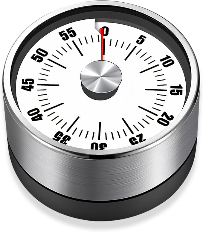Premium Mechanical Kitchen Timer, No Battery Required, Magnetic Base, Twist Dial Control, Space Saving Design for Cooking Exercise, Silver and Black