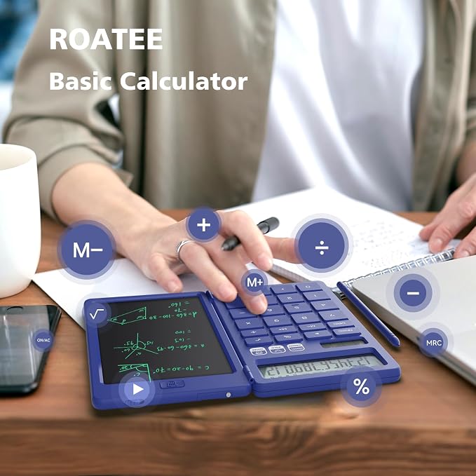 Desk Calculator with Erasable LCD Notepad Calculators ROATEE Desktop Basic Calculators for Middle School Cute Pocket Solar Calculator Office Desk Accessories Supplies Home Office Essential Big Button