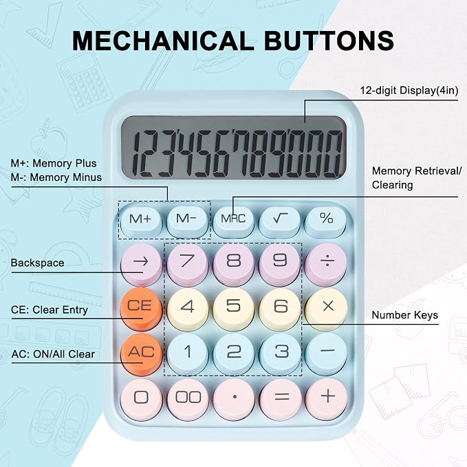 Mechanical Switch Calculator with Big Buttons, Calculators Desktop | 12 Digits, Large LCD Display, Desk Calculator, Cute Blue Calculators for Teachers Students Basic Office (Blue)