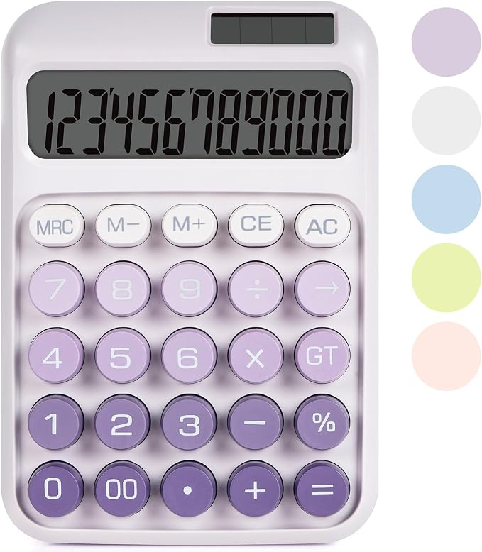 Mechanical Switch Calculator with Big Buttons, Calculators Desktop | 12 Digits, Solar Battery Power, Desk Calculator, Large LCD Display,Cute Purple Calculators for Teachers Students Basic Office