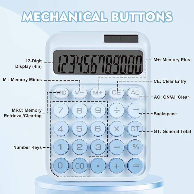 Mechanical Switch Calculator with Big Buttons, Calculators Desktop | 12 Digits, Solar Battery Power, Desk Calculator, Large LCD Display, Cute Blue Calculators for Teachers Students Basic Office