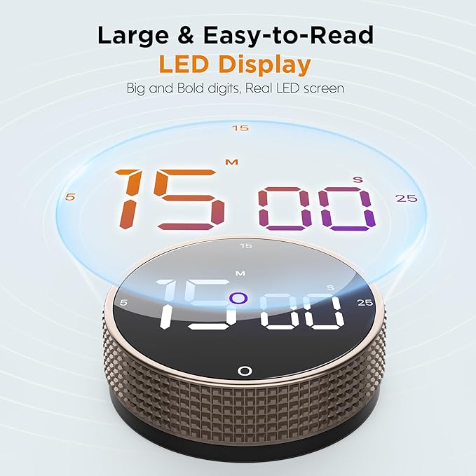 Upgrade Digital Kitchen Timer - Magnetic Countdown Countup Visual Pomodoro Timer with Large LED Display, 3-Preset Times (5, 15, 25), 3 Volume Levels, Ideal for Cooking, Baking and Fitness (2, Tarnish)