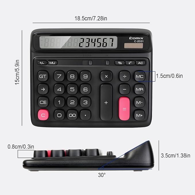 Comix Desktop Calculator, 12 Digits Large Button Desk Calculator, Black | Solar Battery Dual Power, Large LCD Display, Computer Keys, 4 Function Basic Calculator for Office Business Home Use