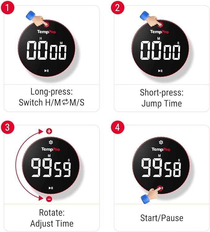 TempPro 99-Hour Digital Kitchen Timer with Strong Magnetic & Stable Stand, Classroom Timers with 3-Volume-Level, Stopwatch with Large LED Display, Digital Timers for Classroom(Previously ThermoPro)