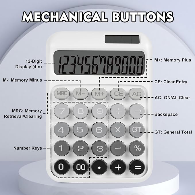 Mechanical Switch Calculator with Big Buttons, Calculators Desktop | 12 Digits, Solar Battery Power, Desk Calculator, Large LCD Display, Cute White Calculators for Teachers Students Basic Office