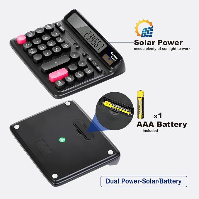 Comix Desktop Calculator, 12 Digits Large Button Desk Calculator, Black | Solar Battery Dual Power, Large LCD Display, Computer Keys, 4 Function Basic Calculator for Office Business Home Use
