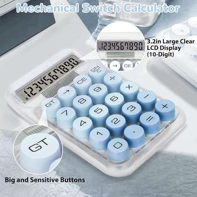 Cute Calculator, Mechanical Switch Calculator, Calculators Desktop | 10 Digits, Desk Calculators with Big Buttons and LCD Display, Battery Power, Ideal for School Home Office Basic(Blue)