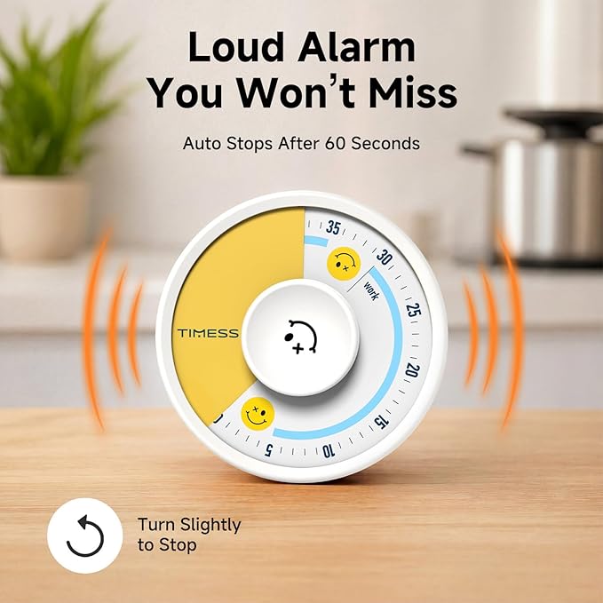 60-Minute Visual Timer, Twist to Set, Loud Battery-Powered Alarm, Manual Rotary Countdown Dial for Study, Focus, Classroom, Office & Home Time Management (White Smile)