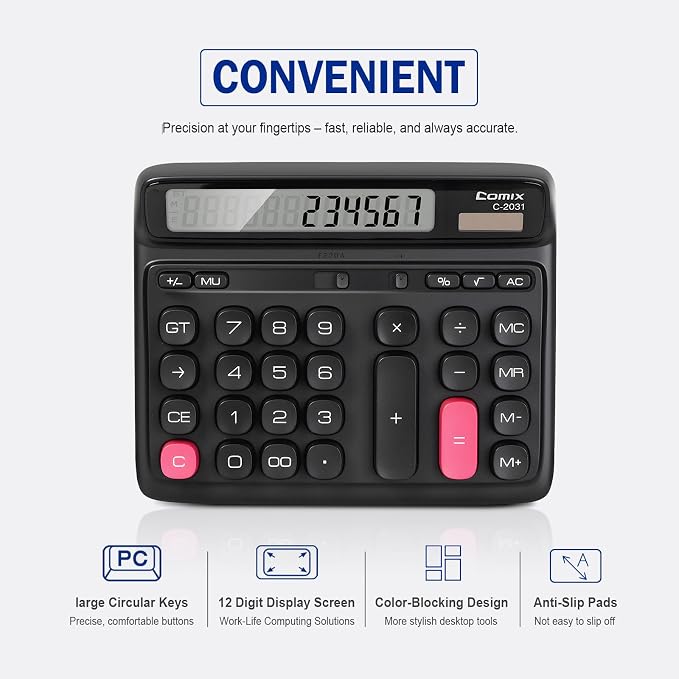 Comix Desktop Calculator, 12 Digits Large Button Desk Calculator, Black | Solar Battery Dual Power, Large LCD Display, Computer Keys, 4 Function Basic Calculator for Office Business Home Use