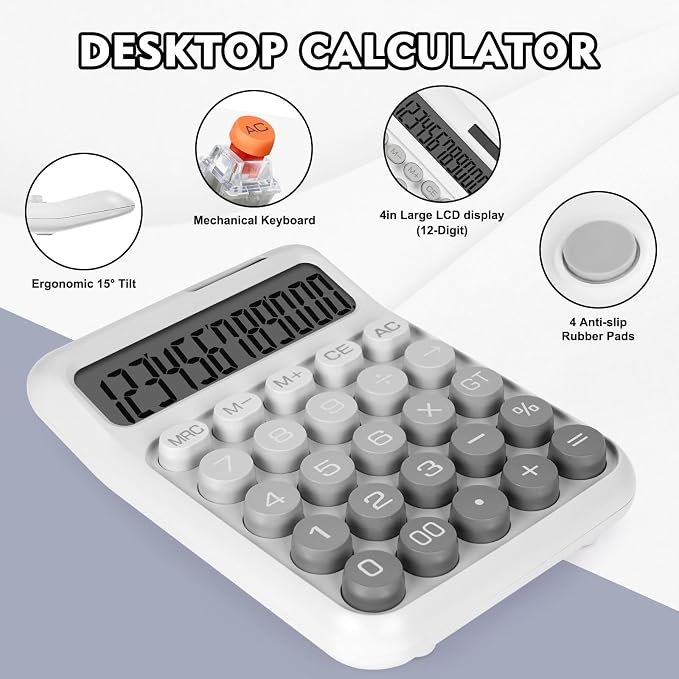 Mechanical Switch Calculator with Big Buttons, Calculators Desktop | 12 Digits, Solar Battery Power, Desk Calculator, Large LCD Display, Cute White Calculators for Teachers Students Basic Office