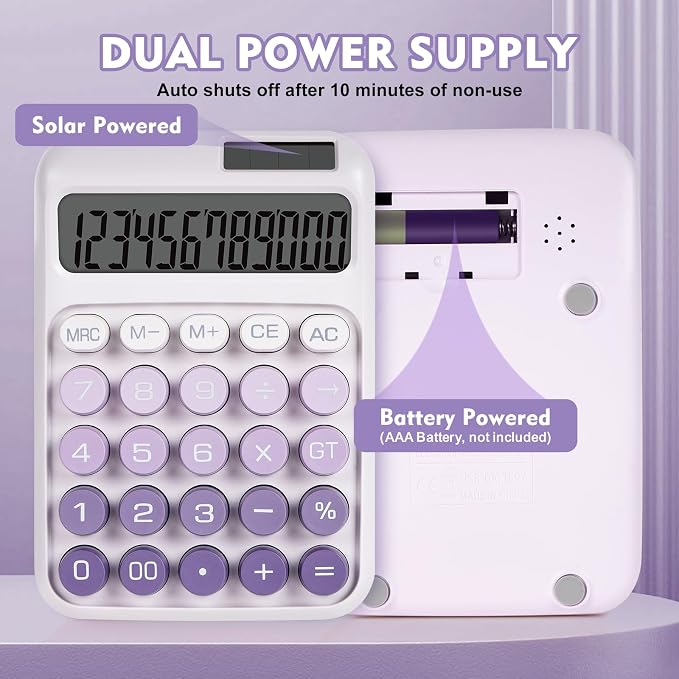 Mechanical Switch Calculator with Big Buttons, Calculators Desktop | 12 Digits, Solar Battery Power, Desk Calculator, Large LCD Display,Cute Purple Calculators for Teachers Students Basic Office