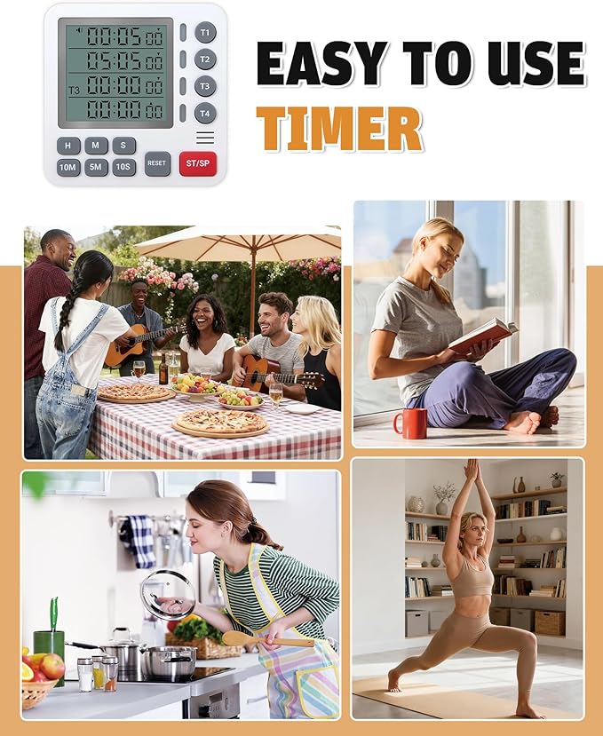TPNEG Digital Kitchen Timer - 4-Channel Cooking Timer with Alarm, Magnetic Back, Loud & Silent Modes, Count Up/Down, Ideal for ovens, Seniors, Kids and classrooms, Replaceable AAA Battery