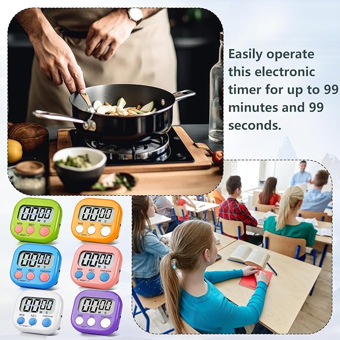 4 Pack Digital Kitchen Timer Magnetic Digital Timer with Big Display Loud Ring Cooking Timers for Cooking, Game, Gym, Break Time, Classroom (4, Pink, Purple, Green, White)