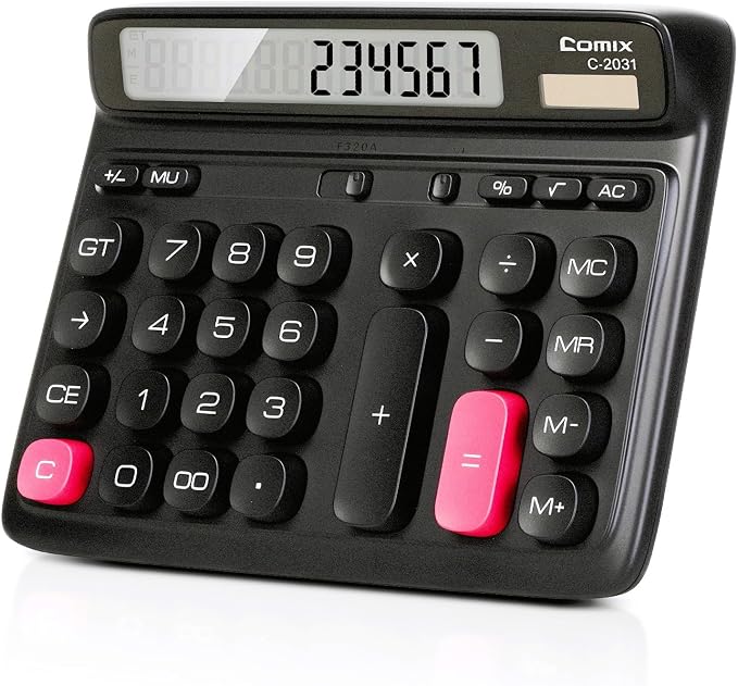 Comix Desktop Calculator, 12 Digits Large Button Desk Calculator, Black | Solar Battery Dual Power, Large LCD Display, Computer Keys, 4 Function Basic Calculator for Office Business Home Use