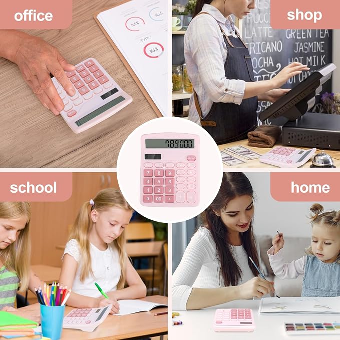 Desktop Calculator, Pink Calculator Big Buttons, 12-Digits Large LCD Display, Solar and AA Battery Dual Power, Desk Calculators for Office Home School Business Class (Pink) | Large LCD Display, Solar and AA Battery Dual Power, Desk Calculators for Offi...