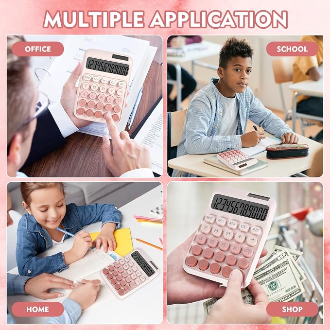 Mechanical Switch Calculator with Big Buttons, Calculators Desktop | 12 Digits, Solar Battery Power, Desk Calculator, Large LCD Display, Cute Pink Calculators for Teachers Students Basic Office