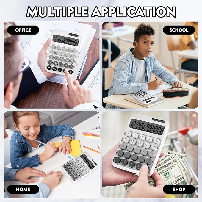 Mechanical Switch Calculator with Big Buttons, Calculators Desktop | 12 Digits, Solar Battery Power, Desk Calculator, Large LCD Display, Cute White Calculators for Teachers Students Basic Office