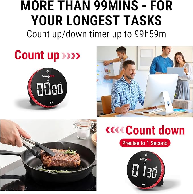 TempPro 99-Hour Digital Kitchen Timer with Strong Magnetic & Stable Stand, Classroom Timers with 3-Volume-Level, Stopwatch with Large LED Display, Digital Timers for Classroom(Previously ThermoPro)