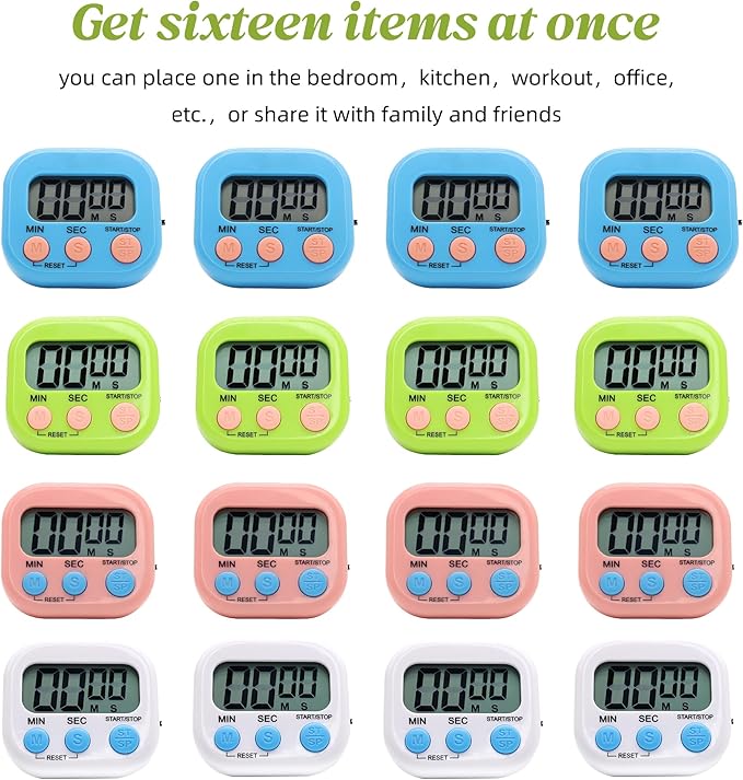 16 Pack Multi-Function Electronic Timer - Kitchen Timer,Magnetic Digital Timers,Big LCD Display, ON/Off Switch,Extensively Use in Cooking,Gym, Meeting, Classroom,Kitchen,Study,Work,Outdoor Activities