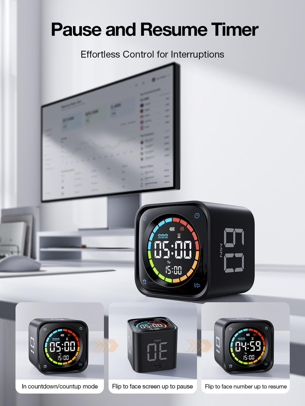 Pomodoro Timer Cube – Smart Focus Timer with Presets, Custom Countdown & Silent Vibration Alerts for Productivity
