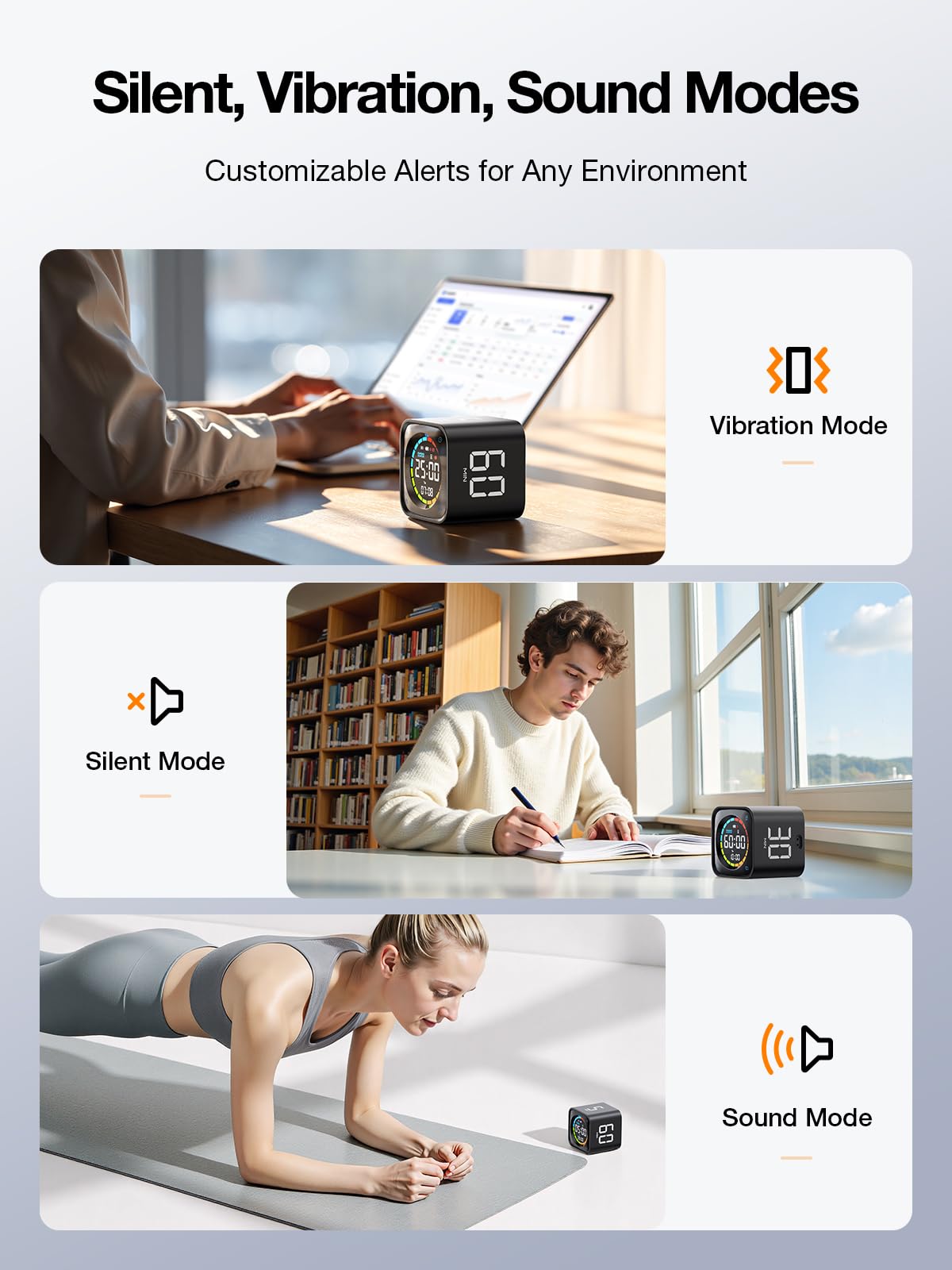 Ticktime TK3 Pomodoro Timer Cube | 25/5 Presets, Custom Countdown, 3 Alarms, Silent/Vibrate Alerts