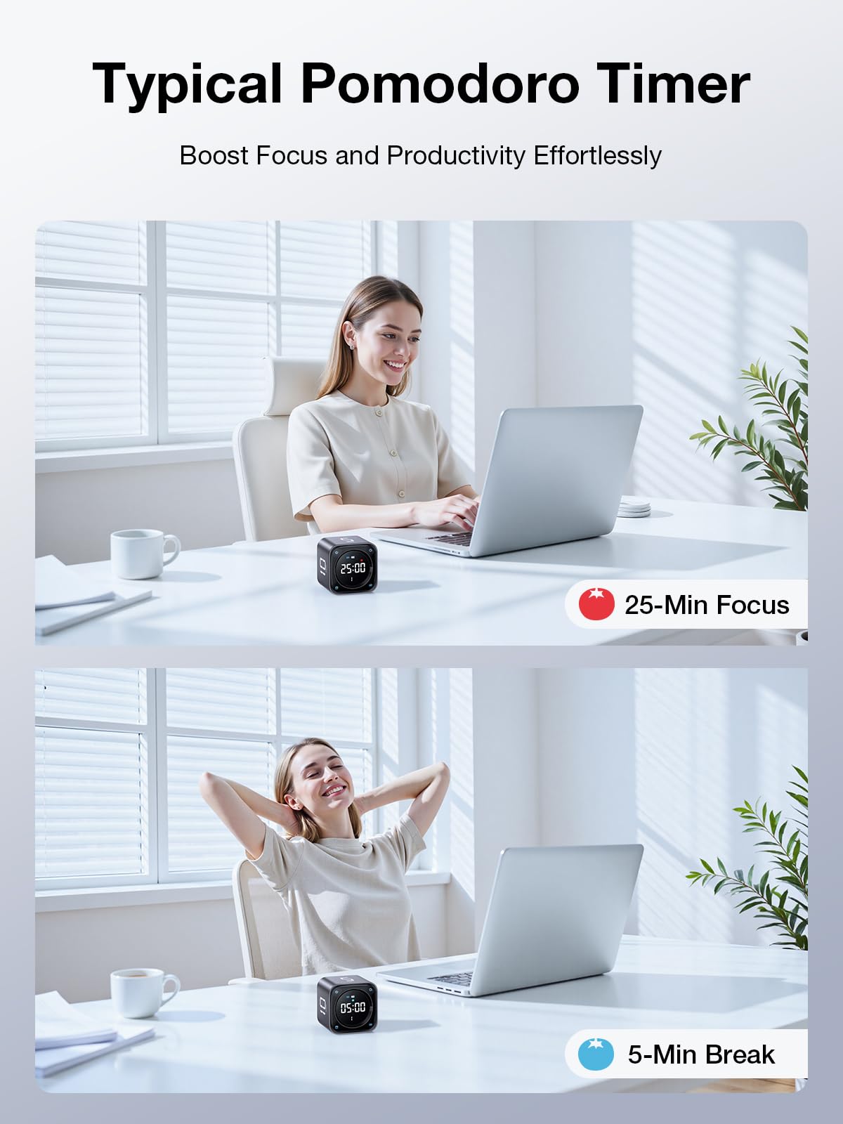 Ticktime TK3 Pomodoro Timer Cube | 25/5 Presets, Custom Countdown, 3 Alarms, Silent/Vibrate Alerts