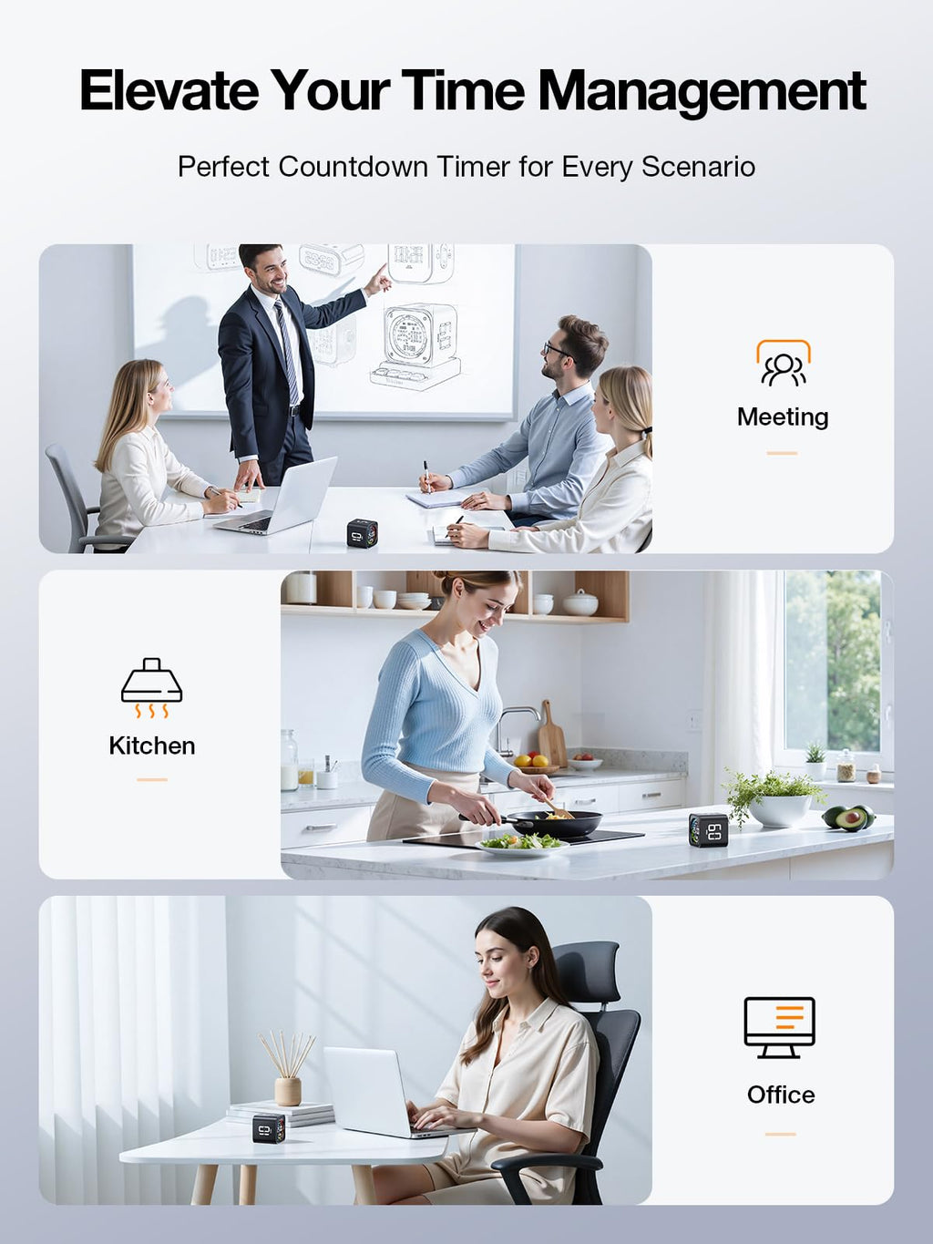Ticktime TK3 Pomodoro Timer Cube | 25/5 Presets, Custom Countdown, 3 Alarms, Silent/Vibrate Alerts